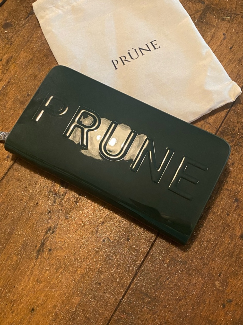 New and Never Used  Prüne Dark Green Glossy Wallet
